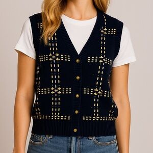 Lizsport Vintage Cardigan Sweater Vest Preppy Golf Plaid Navy and Gold Medium